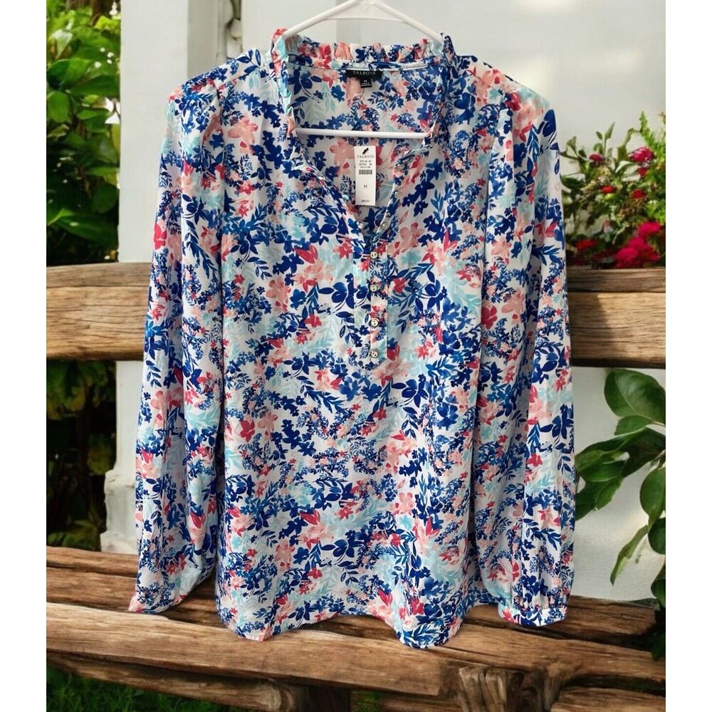 NWT Talbots Blouse Womens Size Med Floral 1/4 Button Down Front Blue White Pink